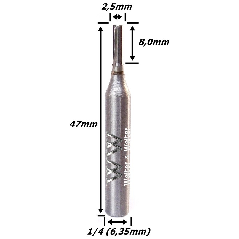 Fresa Reta Paralela 2,5mm (2c) X 8,0mm De Corte X 47mm Total X 1/4 (6,35mm) Haste. (Ftr0099)