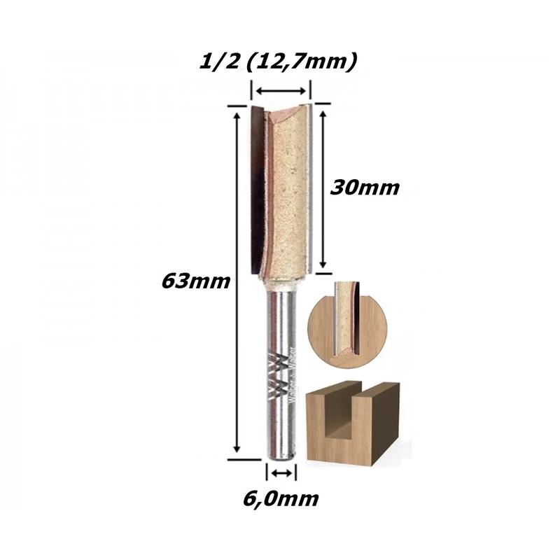 Fresa Reta Ø12,7mm (1/2") X 30mm Corte X 63mm Total X 6,0mm Haste. (Ftr2152)