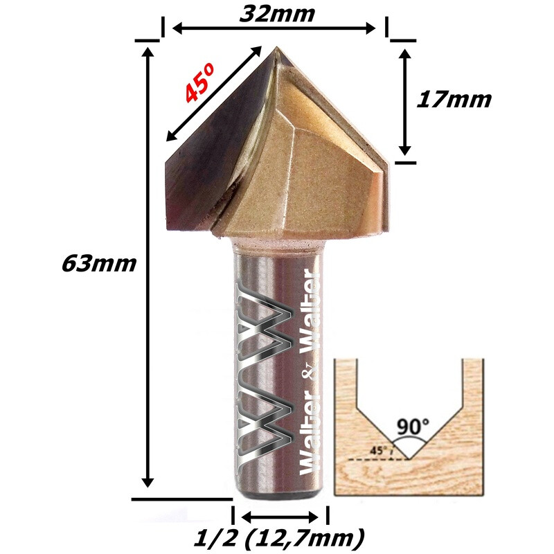 Fresa V Bit Ø32mm (90°) X 17mm Corte X 63mm Total X 12,7mm (1/2) Haste. (Ftr0648)