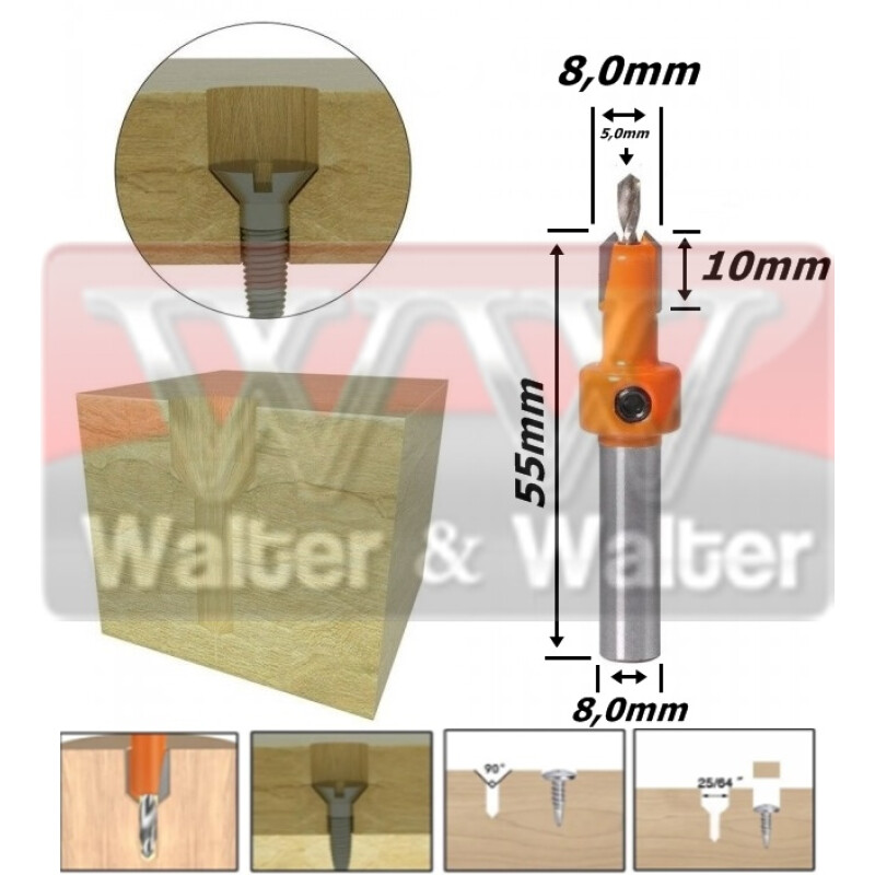 ESCARIADOR 8,0MM X BROCA 5,0MM (90°) X 8,0MM HASTE (METAL DURO). (FTR01134)