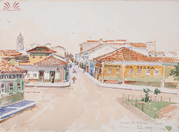 Largo São Bento - 1885" Aquarela sobre papel. Ass. dat. 1925 tit. inf dir. 26 x 34 cm.	 - Alfredo Norfini