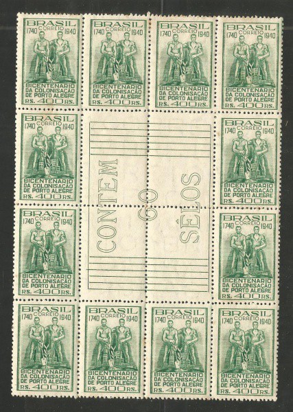 (12) Selos 400 Reis com miolo - Bicentenário da Fundação do Rio Grande do Sul, 1937. MBC.
