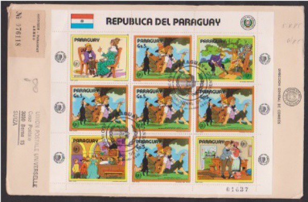 Paraguai 1985 - Envelope FDC registrado com bloco e carimbos alusivos ao tema Disney!