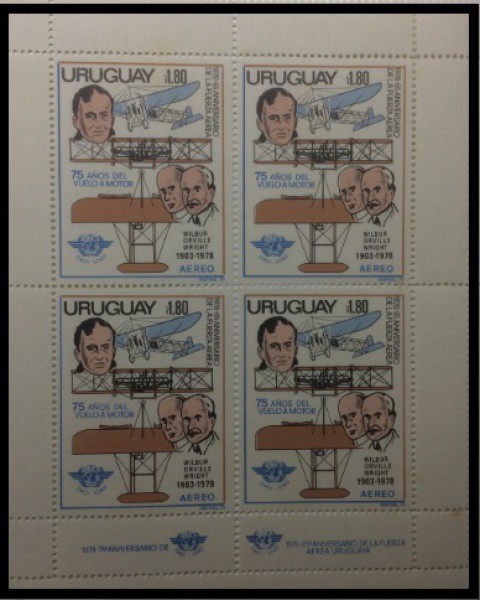 URUGUAY - BLOCO COM QUADRA GRANDE COM 4 SELOS COM O TEMA TRANSPORTES COM WILBUR ORVILLE WRIGHT - SEL