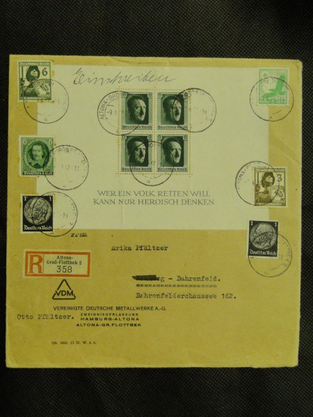 Alemanha, III Reich, envelope circulado com o bloco com os 4 selos com a efígie de Hitler, registrad