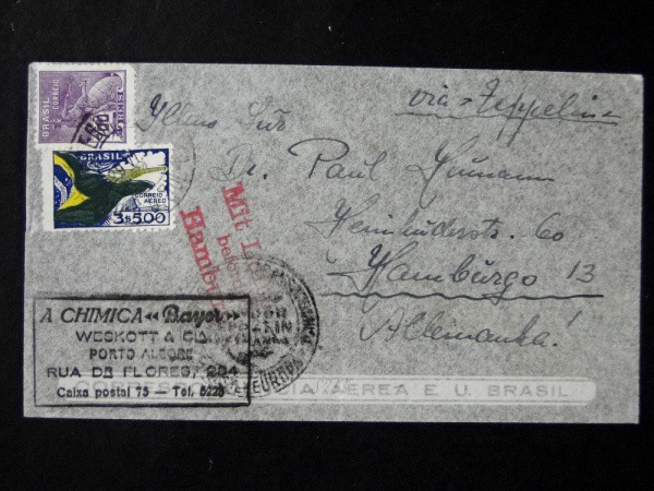 Brasil, envelope circulado p/ Alemanha pelo "Zeppelin" c/ 03 carimbos do mesmo, inclusive o