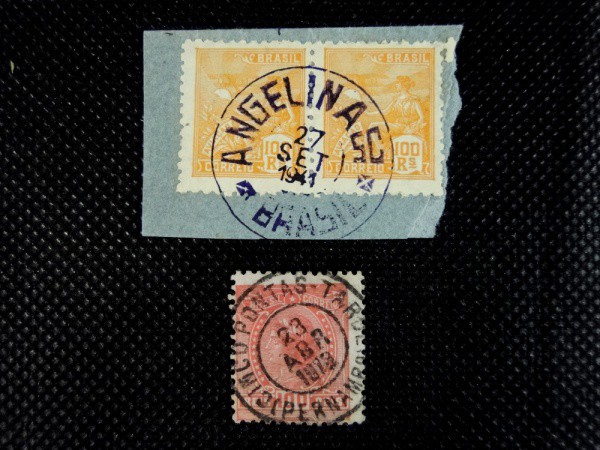 Brasil, lote com 02 carimbos `CINCO PONTAS - Pernambuco` de 23 de Abril de 1919 e `Angelina - SC` de