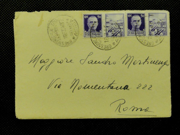 Itália Fascista, envelope circulado em 1943, II Guerra Mundial, com selos e vinhetas de propagandas