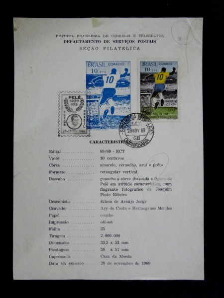 Brasil, edital de 1969, `Milésimo Gol de Pelé`, com CBC e carimbo do 1º dia. Marcas do tempo. Raro