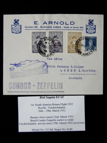 Argentina, envelope circulado pelo Condor-Zeppelin p/ Alemanha, 1º vôo, 1932. Catalogado, em excelen