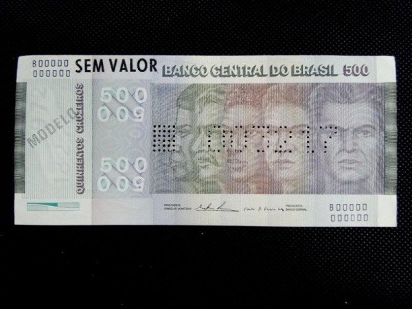 Brasil, cédula de 500 cruzeiros Evolução da Raça Brasileira Modelo, Sem Valor. Capa do nosso c