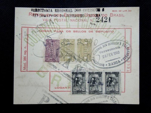 Brasil, vale postal circulado em 1940, com franquia de selos comemorativos como selos de prêmio. Rar