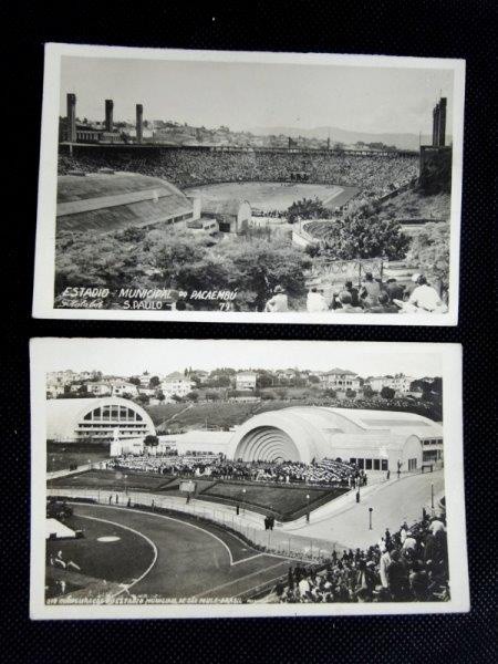 São Paulo, lote com 2 postais de estádios de futebol da déc. 30, sendo "Inauguração do Estádio M