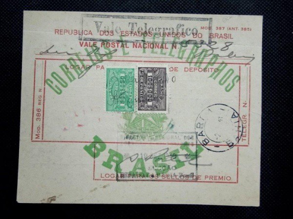 Brasil, vale postal telegráfico, com selo de deposito da 2ª serie de 500.000 Réis (alto valor). Vale
