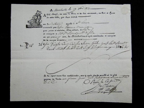 França, documento naval datado de 1821 em Marselha, parte manuscrito, parte impresso, declarando o c