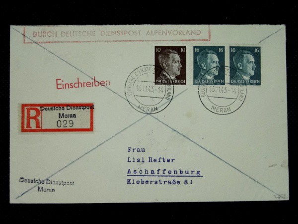 Alemanha III Reich/Nazismo, envelope circulado/registrado com selos com a efígie de Hitler. Bom esta