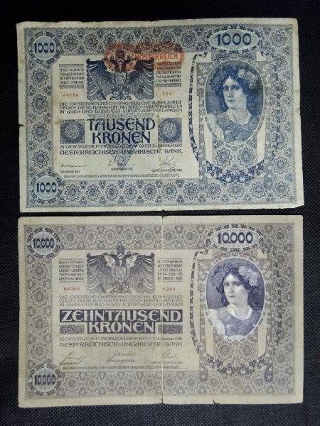 Império Austro-Húngaro, lote com 02 cédulas de 1000 e 10000 COROAS. Muito bem Conservadas.