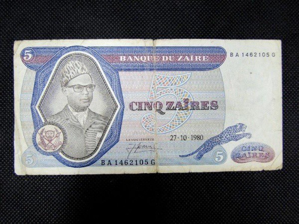 Zaire, cédulas de 5 ZAIRES. Muito bem Conservada. Rara.