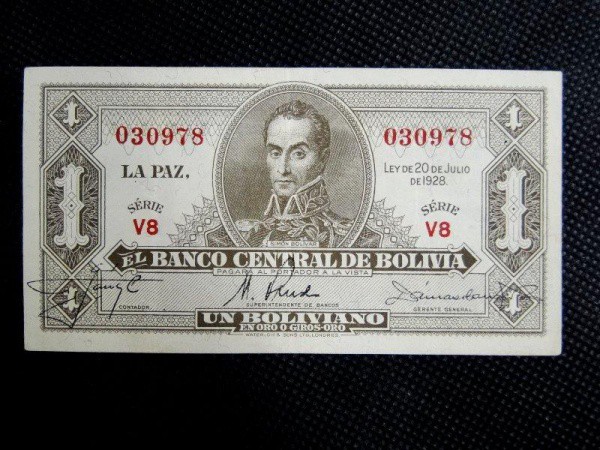 Bolívia, cédula de 1 BOLIVIANO, déc. 30, autografada, estado soberba.