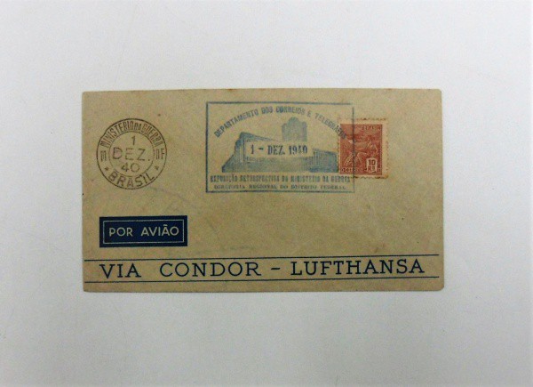História postal: Envelope Serviço Aéreo Condor - Lufthansa com selo e carimbos do Ministério da Guer