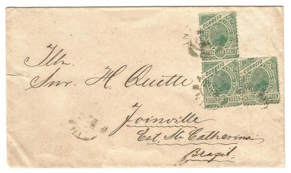 Envelope com (3) Selos Madrugada Republicana. Carimbo Santa Catarina, 1904. Bem conservado.