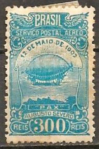 Filatelia: Selo Serviço Postal Aéreo Brasileiro no valor de 300 réis. Ilustração do balão PAX August