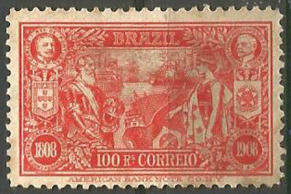 Filatelia: Selo 100 Reis - Comemorativo ao Centenário da Abertura dos Portos 1908. NOVO.