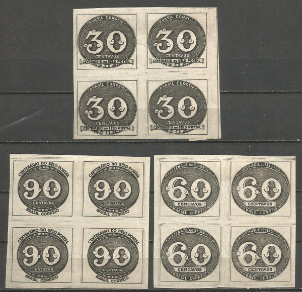 (3) Quadras de Selos comemorativos do Centenário do Selo Postal. Muito bem conservados.