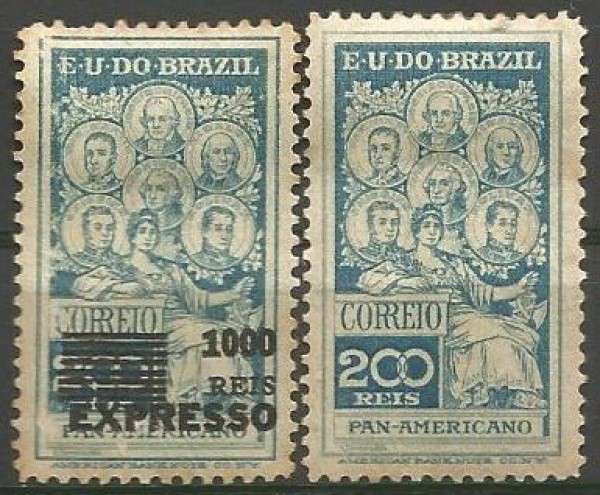 Filatelia: (2) Selos 200 Reis comemorativos do 4º Congresso Pan Americano 1909. Muito bem conservado