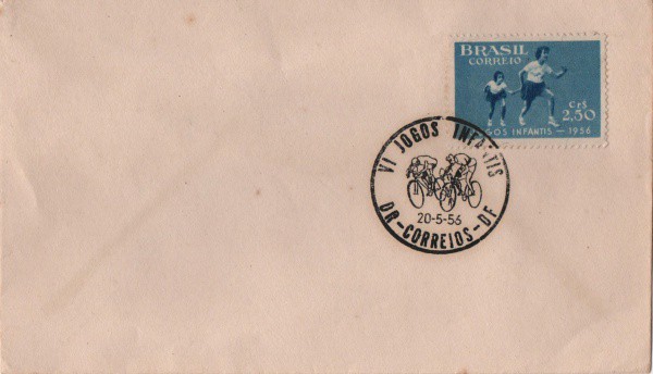 Filatelia: Envelope comemorativo do VI Jogos Infantis - 1956. Conserva selo e carimbo. MBC.