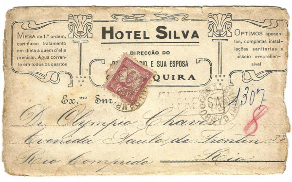 Envelope comercial Hotel Silva - Cambuquira. Preserva papeis personalizados do Hotel. Preserva selo