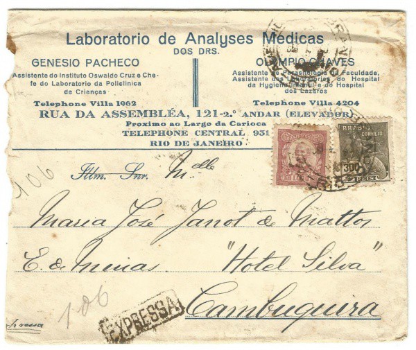 Envelope comercial Laboratorio de Analyses Medicas - Cambuquira. Preserva (2) Selos perfazendo porte