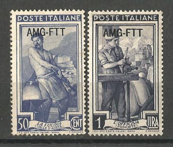 Filatelia: (2) Selos Italianos, 1950. Apresenta sobrecarga. Muito bem conservados.
