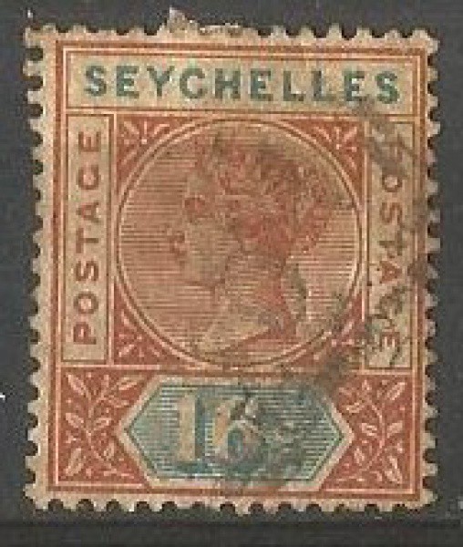 Protetorado do Império Britânico: Selo Clássico dos Seychelles. Efígie da Rainha Victoria, 1890. MBC