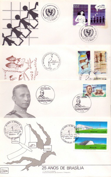 4 Envelopes com selo e carimbo de 1º dia de circulação de 1985 - 25 anos de Brasília abril 1985; 120