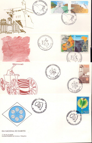 4 Envelopes com selo e carimbo de 1º dia de circulação de 1992 - Dia Nacional do Diabetes junho 1992