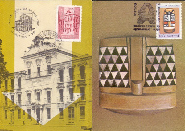 4 Cartões Postais com selo e carimbo de 1º dia de circulação dos anos 70 - Dia do selo agosto 1975;