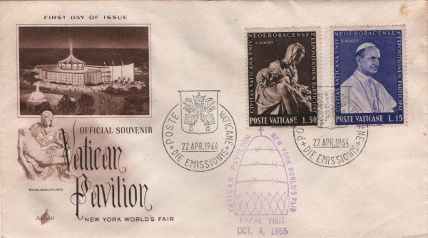 Filatelia: Envelope Comemorativo Pavilhão Vaticano - 1964 - Circulado com selo. MB