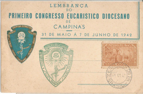 Lembrança do 1º Congresso Eucarístico Diocesano de Campinas 1942. Preserva selo e carimbos. MBC