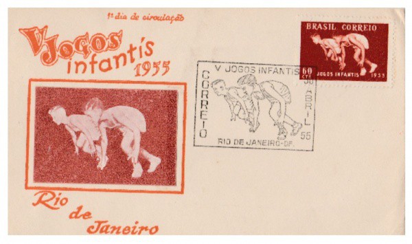 Filatelia: Envelope Comemorativo 1º Dia de Circulação dos V Jogos Infantis de 1955. Carimbo e selo c