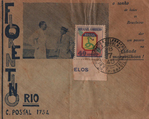 Filatelia: Antigo Cartão Postal - com selo e circulado em 1945. Conservado