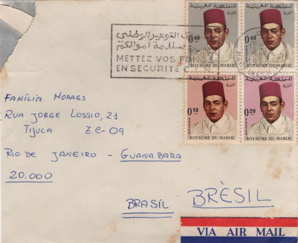 Filatelia: Antigo envelope com selo e circulado postado em Reino de Marrocos - 1973. Muito bem conse