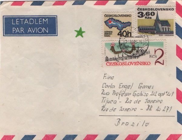 Filatelia: Antigo envelope com selo e circulado postado em Checoslováquia - 1985. Muito bem conserva