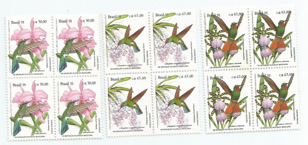Lote 06  BRASIL  Série Beija Flores em Quadras Mint
