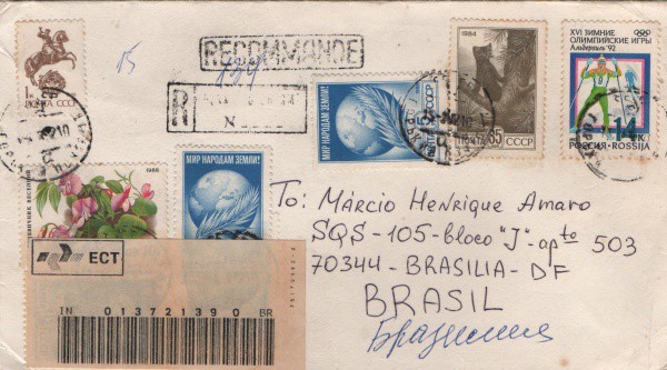 Filatelia: Antigo envelope com selo e circulado postado em Rússia - 1992. Muito bem conservado