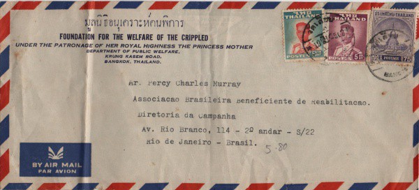 Filatelia: Antigo envelope com selo e circulado postado em Tailândia. Muito bem conservado