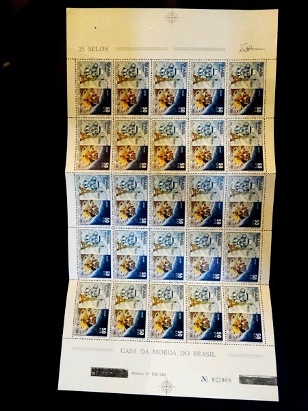 Brasil, folha completa com 25 selos de 1969, Santos Dumont e Astronautas da Apolo 11 do pouso na lua