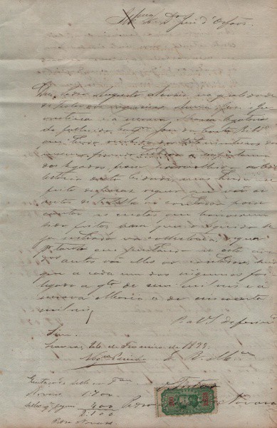 Filatelia fiscal: Documento de seculo XIX com 1 selos; 200 reis . Excelente estado de conservação.