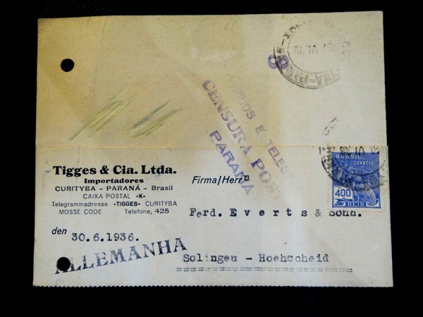 Brasil, cartão circulado para Alemanha em 1936 com carimbo da Censura Postal do Paraná. Possui furos