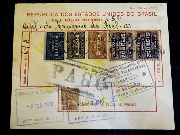Brasil, Vale postal com franquia múltipla de selos de depósito da 1ª e 2ª série, circulado em 1940,